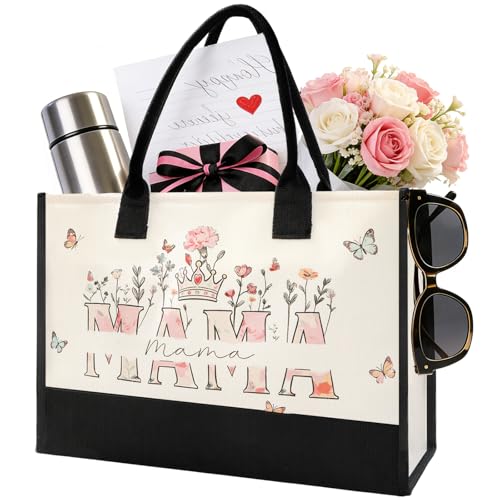 Mom Mama Bag - Large Tote Bag for Women, Beautiful Floral Print Mothers Day Gifts for Mom, New Mom Birthday Gifts, Durable Reusable Grocery Bags for Shopping Beach Travel Work
