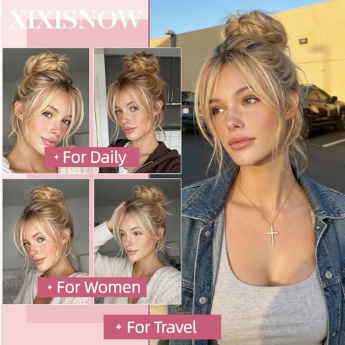 Messy Bun Hair Piece Real Human Hair Scrunchie Updo Extensions For Women Fake Buns Chignon Wig Thick Volume Heat Friendly Donut Ponytail Elastic Band AshBlonde/DarkBlonde - color: AshBlonde/DarkBlonde