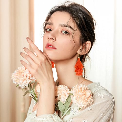 Earrings for Women Dangling, Layered Tassel Earrings Fringe Earrings Bohemian Studs Drop Earrings - color: Orange