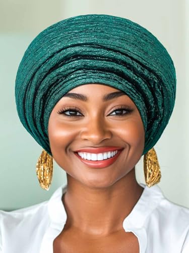 Woeoe African Head Wraps for Black Women Gold Pre Tied Headdress Wedding Turban Hats - color: Green