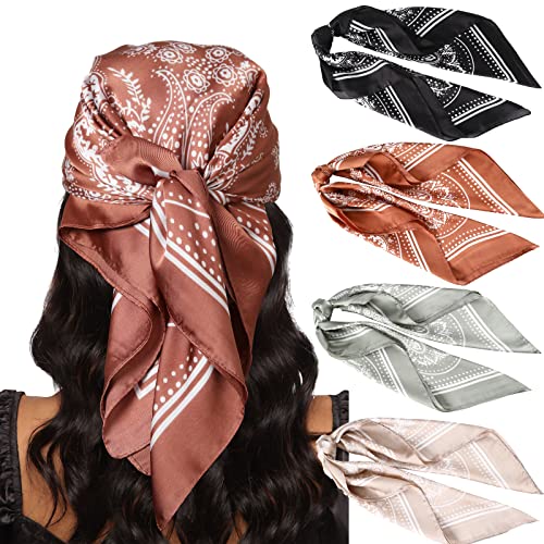 AWAYTR 27.5” Silk Satin Square Head Scarf - 4PCS Satin Head Scarves for Women Hair Kerchief Bandanas Sleeping Head Wraps - color: Cashew( Black+orange+camel+grey)