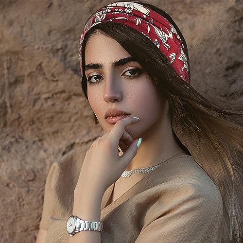 FULZTEY Boho Headbands for Women Fashion Wide Headwraps Vintage Floral Print Hairbands Soft Fabric Bandanas Non-Slip Sport Yoga Sweat Turban Knotted Head Bands for Women's Hair Accessories 4 Pack - color: Style 17