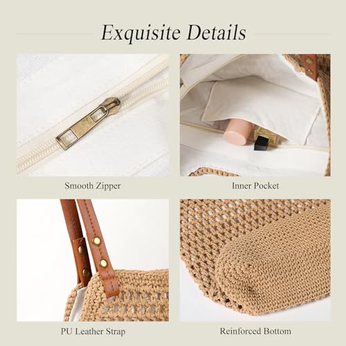 Sightor Crochet Beach Bag, Woven Tote Bag Summer Boho Bag Travel Casual Shoulder Bag for Summer Vacation - color: Brown
