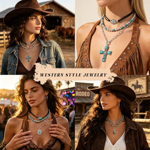 Western Necklaces Boho Turquoise Cross Necklace Set Navajo Pearl Beaded Layered Choker Cowgirl Christian Western Jewelry for Women - color: Style-E