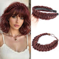 2PCs Braided Headband with teeth Handmade Messy Wide Synthetic Hair Elastic Stretch Fluffy Hairpiece for Brides (Burgundy) - color: Burgundy