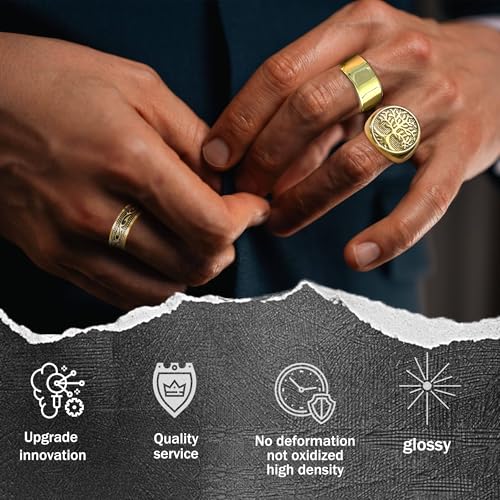 MEDOJO 10 Pcs Men's Stainless Steel Vintage Signet Ring Square Pinky Thumb Chunky Thin Band Ring Vintage Biker Band Rings Set 7-13 - color: Gold