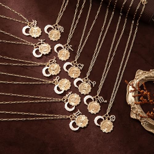 Dainty Gold Zodiac Embossed Coin Opal Crescent Moon Charm Necklace for Women Trendy 18K Gold Plated Retro Paperclip Chain 12 Constellation Horoscope Necklaces Astrology Jewelry Gifts - style: 1.ARIES (MAR21-APR 19)
