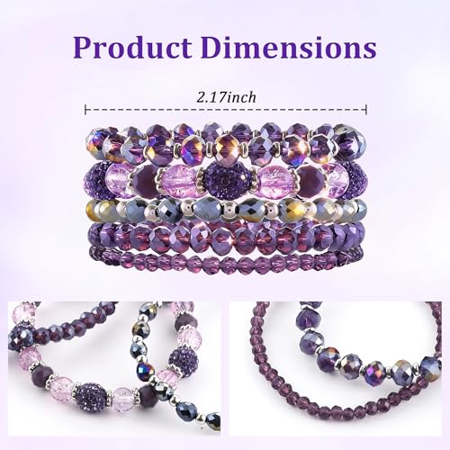 5PCS Beaded Bracelets for Women, Stackable Bohemian Glass Crystal Bead Stretch Bracelets, Purple Jewelry Multilayered Disco Ball Design, Gift for Mother's Day, Birthday, Anniversary