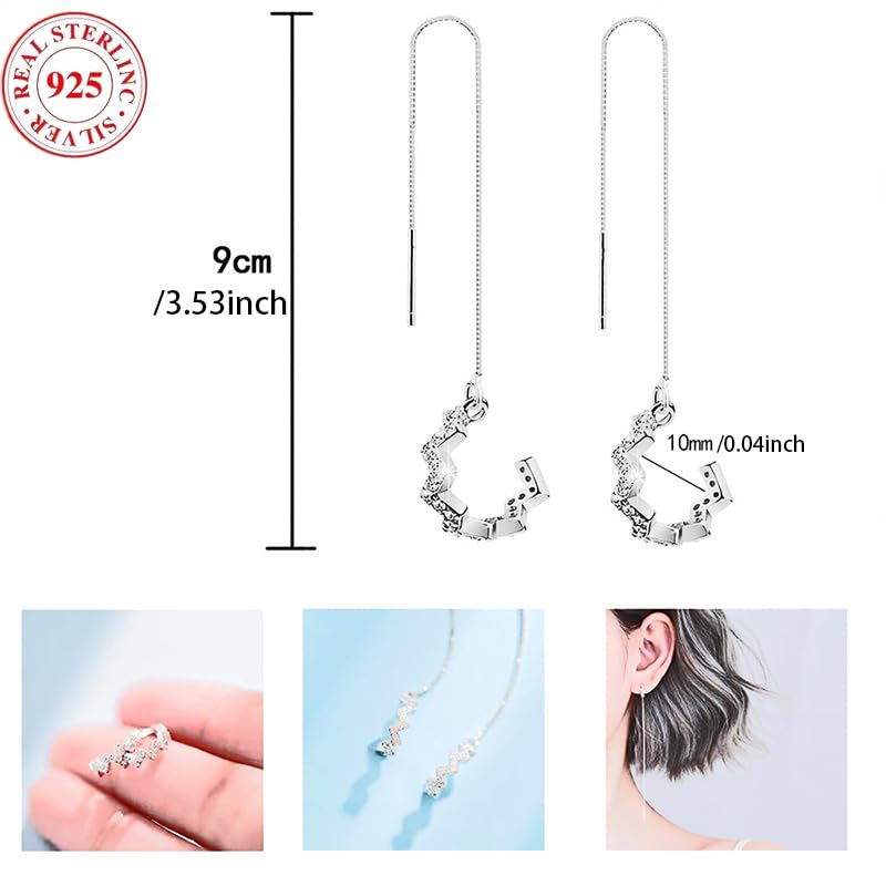 Vitaltyextracts 925 Sterling Silver Wave Cuff Earrings with Sparkly Cubic Zirconia Wrap Tassel Threader Chain Dangle Earrings for Women