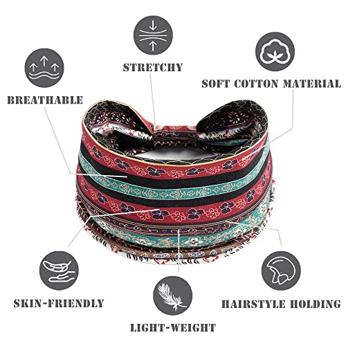 FULZTEY Boho Headbands for Women Fashion Wide Knot Hair Bands Elastic Turban Head Wraps Yoga Running Sweatband Vintage Printed Hair Accessories for Women and Girls 4Pcs - color: Style 1