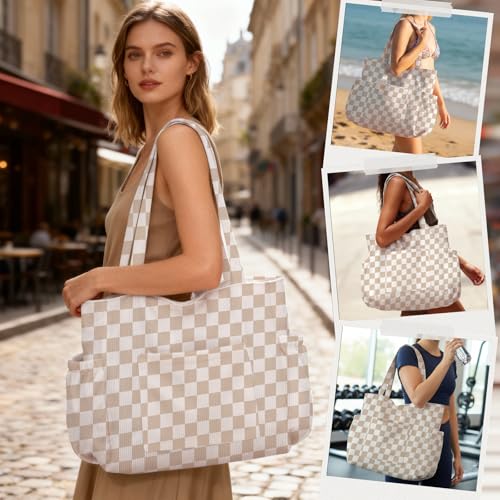 Corduroy Tote Bag for Women,Large Capacity Cute Tote Bags With 6 Pockets,Crossbody Shoulder Handbag for Work Travel Gym - color: Khaki Grid