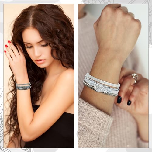 2Pcs Boho Bracelets Woven Leather Multi-Layer Wrap Crystal Bead Bracelet Inlaid Rhinestone Stackable Fashion Women Bracelet Jewelry (Gray + Silver)