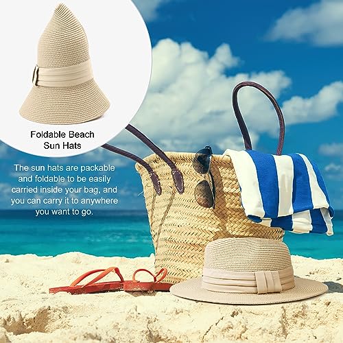DRESHOW Women Straw Panama Hat Travel Fedora Beach Sun Hat Summer Wide Brim Straw Roll up Hats UPF 50+ - color: Beige Hat With Cream Band a