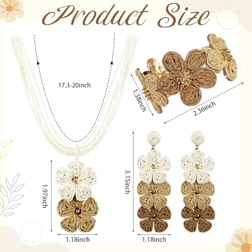 Tondiamo 3 Pcs Raffia Jewelry Set for Women Boho Daisy Flower Necklace, Open Cuff Bracelet, Earrings, Gift for Mom - color: Brown