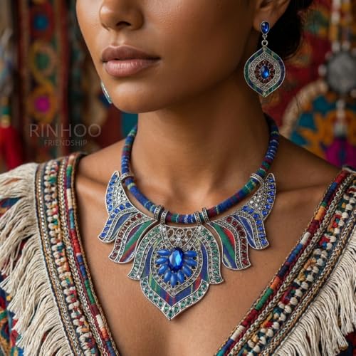 African Tribal Jewelry Set for Women - 2pcs Chunky Colorful Boho Vintage Statement Necklace Earrings Bib Choker Festival Costume Ethnic Accessories - style: Blue Style