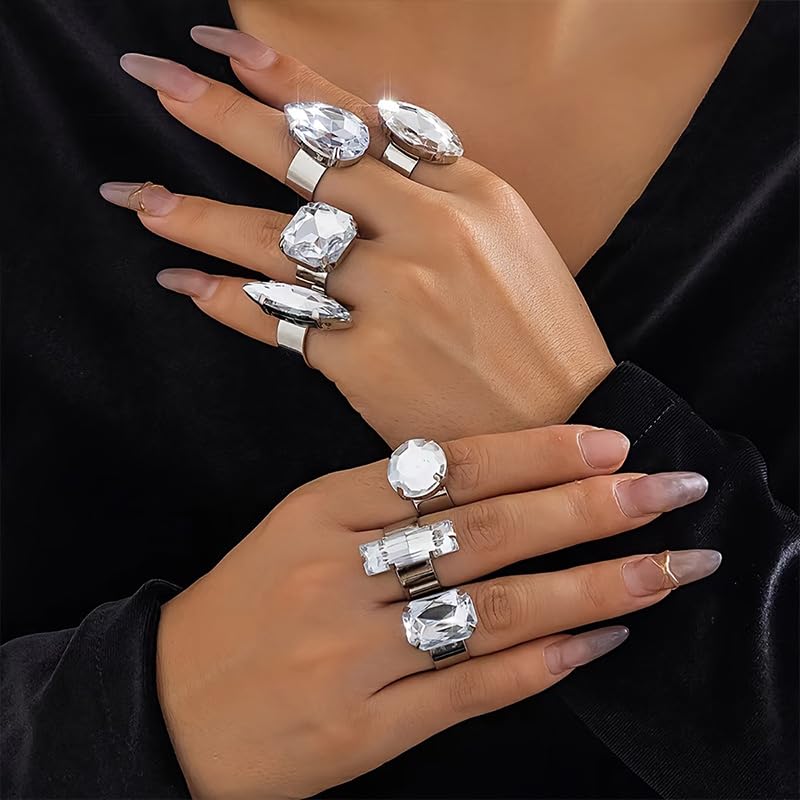 Statement Big Bling Rhinestone Costume Rings Stack Chunky Unique Silver Crystal CZ Large Knuckle Cocktail Ring Pack Cool Prom Jewelry Set for Women Trendy - style: Bling