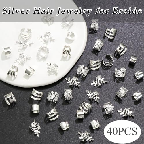 40PCS Silver Hair Jewelry for Braids Multi Style Hair Cuffs Metal Loc Dreadlock Accessories Non-Piercing Ear Clips Braid Jewelry for Women and Girls - color: Silver-1