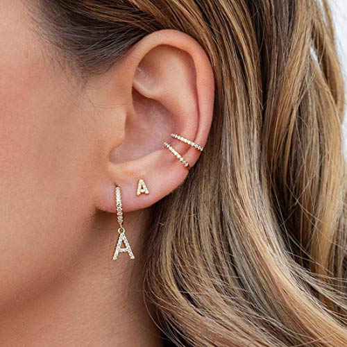 14K Gold Plated Cubic Zirconia Initial Earrings Delicate Small Hoop Earrings Hypoallergenic Letter Earrings for Women - style: M