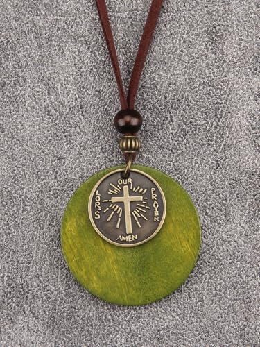 PU Leather Necklace Vintage Boho Style Multilayer Pendant Long Sweater Necklace Jewelry for Women Men with Adjustable Leather Cord - color: Green Round Cross Wood Necklace