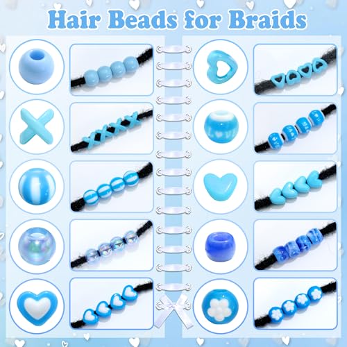 NAISKA 100PCS Blue Hair Beads Sets Heart Braids Beads 10 Styles Loc Bead Flower Round Pony Bead Loc Dreadlock Braids Accessories for Kids Girls - color: Blue