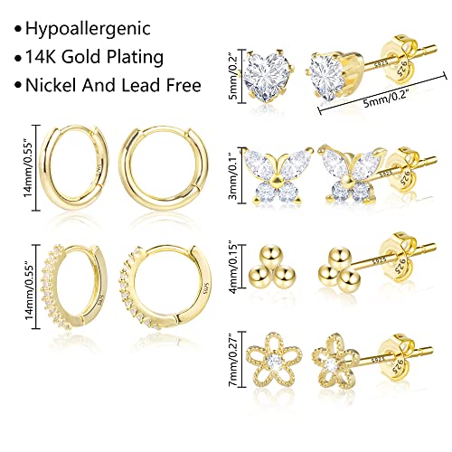 BOUTIQUELOVIN 14K Gold Stud Earrings Set for Women, for Multiple Piercing Silver Plated Studs Earrings and Zirconia Earring Set Small Huggie Hoop Chain Earing - color: 6Pairs Gold A