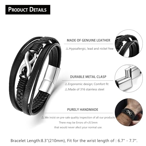 Men's Leather Infinity Bracelet Stainless Steel Number 8 Wristband Cuff Bangle Bracelets Gifts for Men, 8.3 & 9.1 inches - color: 02.Five-layers leather & silver infinity, size: 8.3inch(Fits most wrists.)