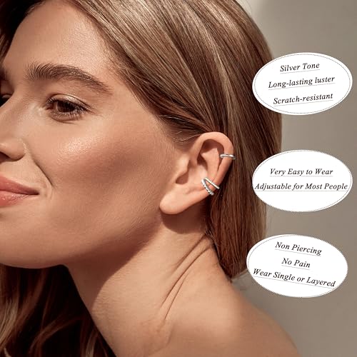 LOYALLOOK Ear Cuff Earrings for Women 14K Gold Plated Ear Cuffs Non Piercing Clip on Cartilage Earring Trendy Fake Earrings Hypoallergenic Huggie Hoop Clip Cuff Earring Lightweight - color: silver-simple A