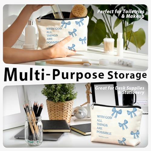 Coquette Blue Bow Christian Makeup Bag, With God All Things Are Possible Cosmetic Bags for Women, Christian Bible Verse Gifts for Women, Preppy Aesthetic Zipper Makeup Pouch - color: 01-With God All Things Are Possible(Blue Bible)