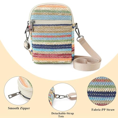 RFID Crossbody Bags For Women Travel, Small Cell Phone Purse - color: Bluestripe/Straw-horiz