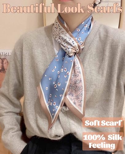 kcctoo 59" Mulberry Silk Like Head Scarf Women's Fashion Square Neck Satin Scarfs for Bag Hair Scarves Gift 59 * 5.9” - color: A012-blue Powder Coffee Bean Flower/59"x5.9"