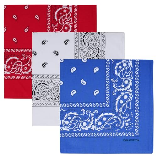 Raylarnia 100% Cotton Large Bandanas for Men and Women, 22 Inch Paisley Bandana with Multiple Colors - color: White/Red/Royal Blue