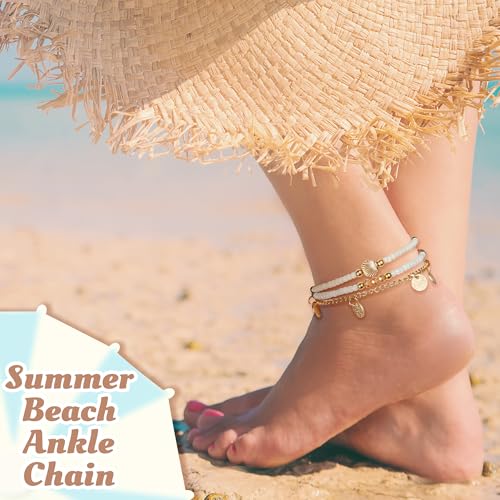Y1tvei Shell Ankle Bracelet Set - 8Pcs White Gold Beaded Stretch Braceletst for Women, Seashell Starfish Charm Jewelry for Beach, Gold Beads Rice Beads Alloy Accessories Jewelry Gift for Summer