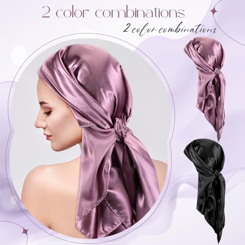 SATINIOR 35 Inch Silky Head Scarf 2 Pcs Large Square Neck Scarf Sleeping Hair Wrapping Satin Bandana for Women - color: Black, Light Purple, style: Classic