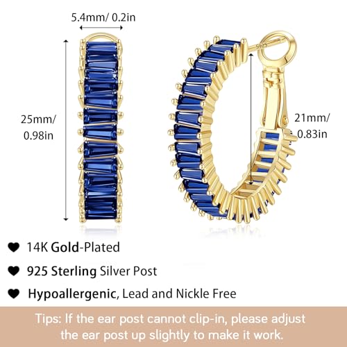 Trendy 14K Gold Plated Hoop Earrings for Women, Chunky Gold/Silver Earrings for Women Cubic Zirconia Baguette Hoop Earrings Heart Hoops Lightweight Hypoallergenic Jewelry,25mm/35mm/40mm/50mm - color: 01 Gold Blue Hoops 25mm