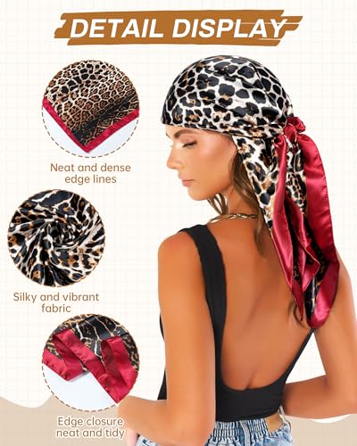 Mesovor 35” Square Head Scarf for Women, 3 Pack Like Silk Satin Headscarf Hair Neck Scarf Top Bandanas for Sleeping - color: Leopard(red/Black/Gold)