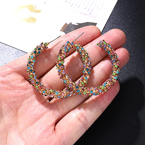 Rhinestone Hoop Earring for Women Sparkly Crystal Wrapped Hoop Dangle Earrings Statement Boho Gold Black Plated CZ Hoop Earring - color: C:Sparkle Colorful