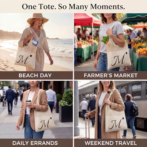 Shinylin Personalized Crochet Tote Bag for Beach Women Beige Mesh Knit Shoulder Bag Boho Aesthetic Tote for Women - style: Letter M