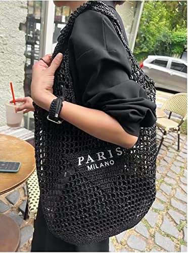POOOPSSD New Woven Bag, Straw Mesh Tote Bag, Beach, Shoulder Bag, Hobo Women, Foldable Large Capacity, for Holiday. - color: Black