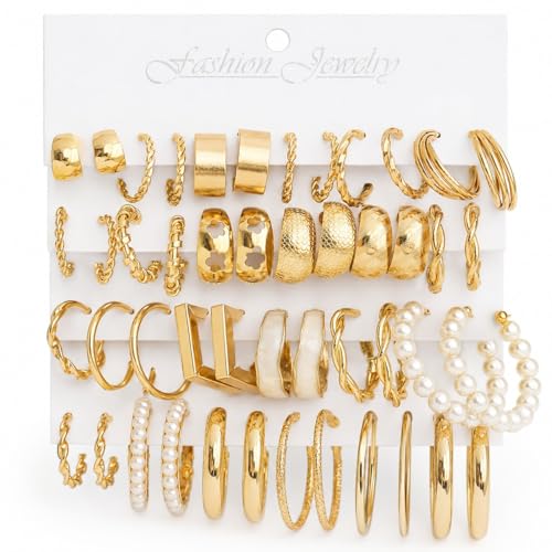 24 Pairs Gold Hoop Earrings Set for Women Hypoallergenic Chunky Chain Twisted Open Hoops Dangle Earring Packs for Birthday Party Fashion Jewelry Gift - color: 24Pcs-Gold-B