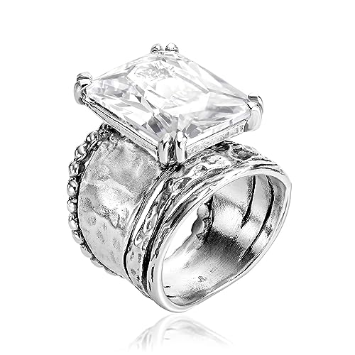JEAN RACHEL JEWELRY 925 Sterling Silver Ring - Hammered Vintage Design with Octagon Shaped Cubic Zirconia - Hypoallergenic, Lead & Nickel Free - Artisan Handcrafted Statement Rings for Women - color: White CZ