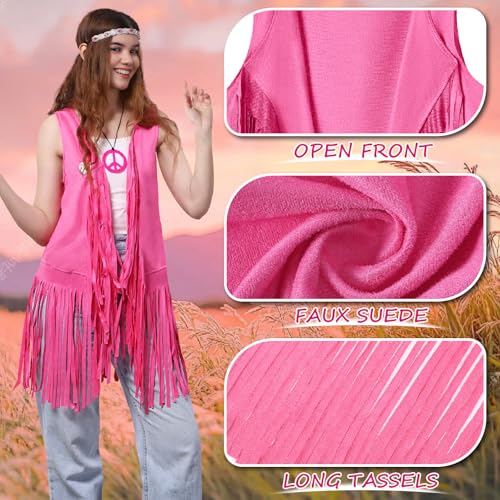 60s 70s Outfits for Women Hippie Costume Clothes Set 70s Costume Tops Women Fringe Hippie Vest for Halloween - color: Pink Vest, size: X-Small