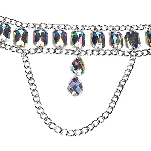 Black Leather Harness for Women, Punk Body Chest Harness with Chains, Adjustable Strappy Cage Bra Top for Rave Festival Clubwear - style: Rhinestone