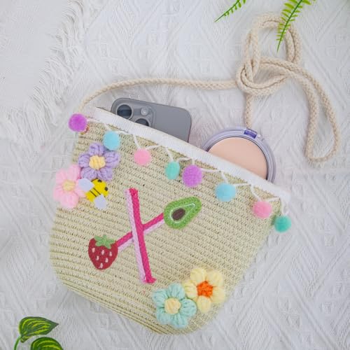 Letter Small Woven Straw Summer Beach Tote Bag for Women 2025,Woven Straw Beach Purse Shoulder Crossbody Bag for Women 2025 - color: Brown X