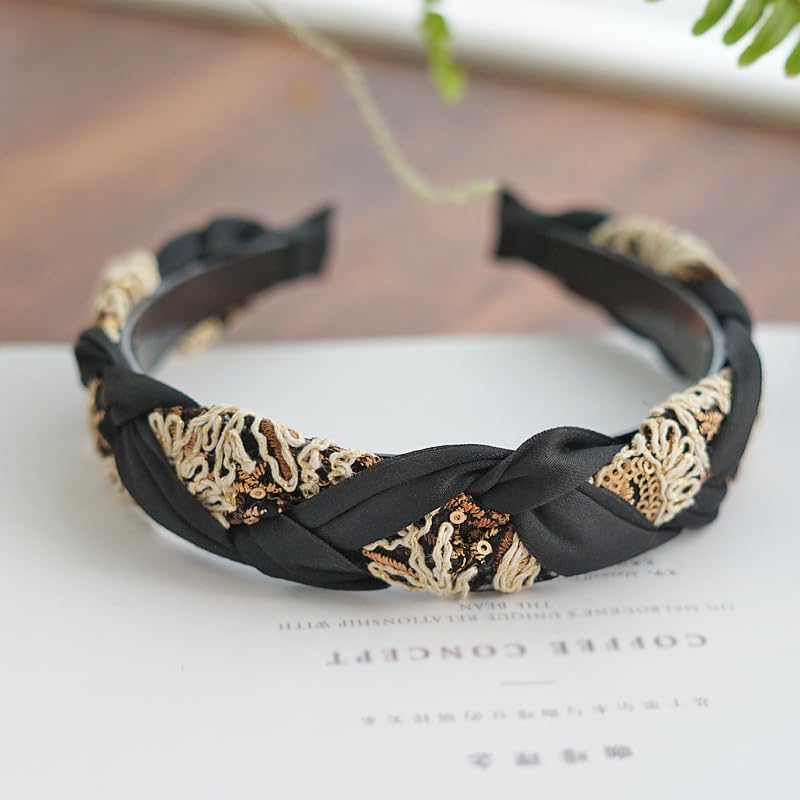 Braided Headband for Women-Vintage Fabric High Crown Headband with Non-Slip Teeth, Cute Boho Knotted Hair Band for Women & Teens (25-Black, One Size) - color: 25-Black