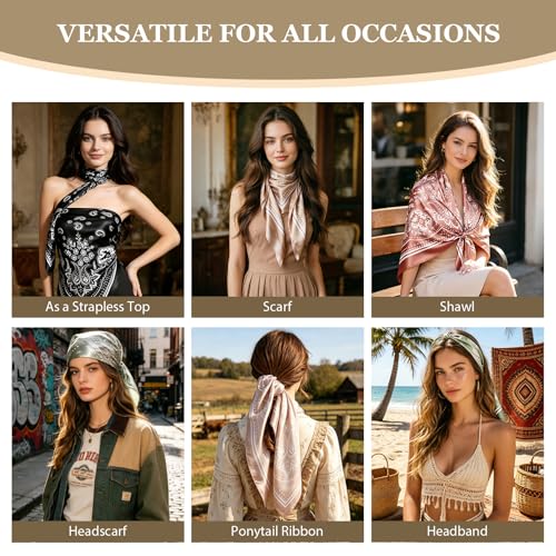 DRESHOW 35” Large Square Satin Head Scarf - 4Pcs Silk Accessories Classic Patterned Squares Beach Bandanas for Women - color: 4 Pcs Printed: Camel, Reddish Brown, Green, Black