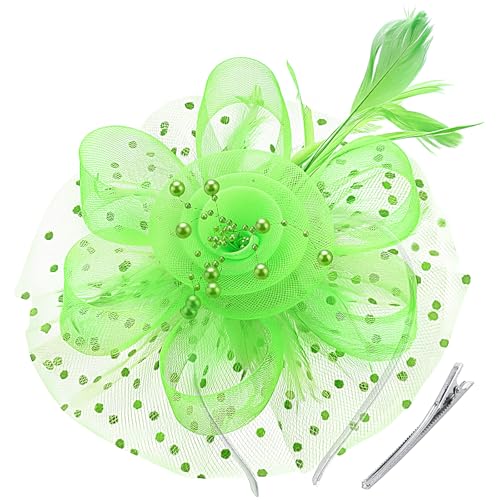 DRESHOW Fascinators Hat Flower Mesh Ribbons Feathers on a Headband and a Clip Tea Party Headwear for Girls and Women - color: 7" Diameter / Bright Green