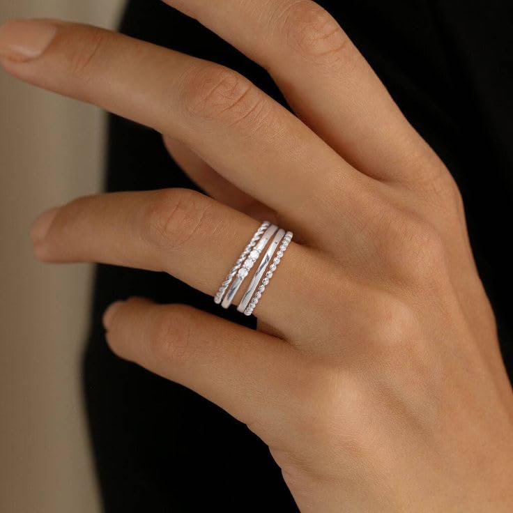 WEDDINEN 4PC Gold Rings for Women, S925 Sterling Silver 14k Gold Filled Plated Stackable Thin Thumb Ring Set Cubic Zirconia Dainty Stack Gold Knuckle Rings Set Size 6-10 - color: Silver, size: 7