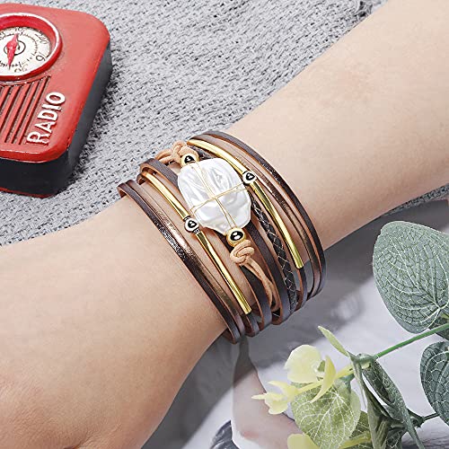 Fesciory Leopard Bracelet for Women, Boho Leather Wrap Multi-Layer Pearl Crystal Bracelet Bangle Jewelry - style: Brown Leather(Pearl)