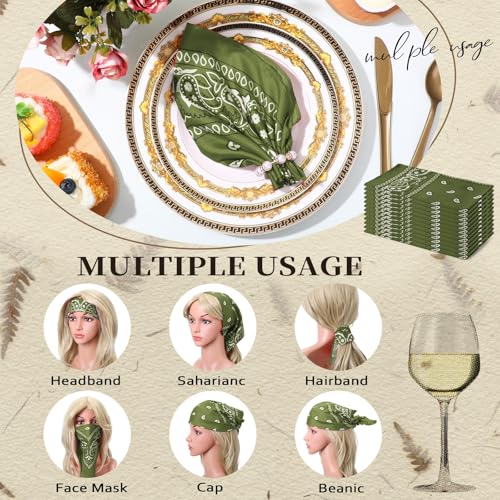 Suhine 12 Pcs Bandanas Bulk for Women Men 22 x 22 Inch Paisley Headband Cowboy Handkerchief Summer Beach Party Costume - color: Olive Green