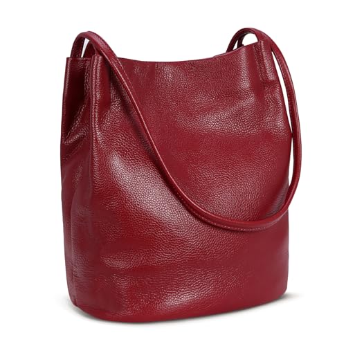 Iswee Genuine Leather Tote Bucket Bags Hobo Shoulder Bags Purse and Handbags for Women Trendy - color: Wine-lichee